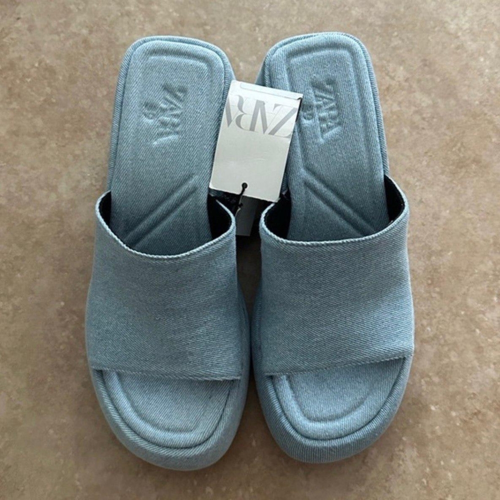 Zara Dusty Blue Fabric Slide Sandals